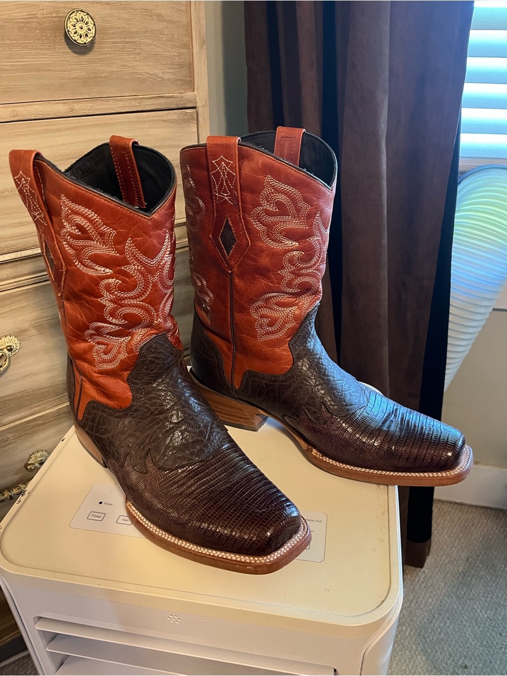 J.B. Dillon Two-Tone Brown Lizard Skin and Rust Western Cowboy Boots